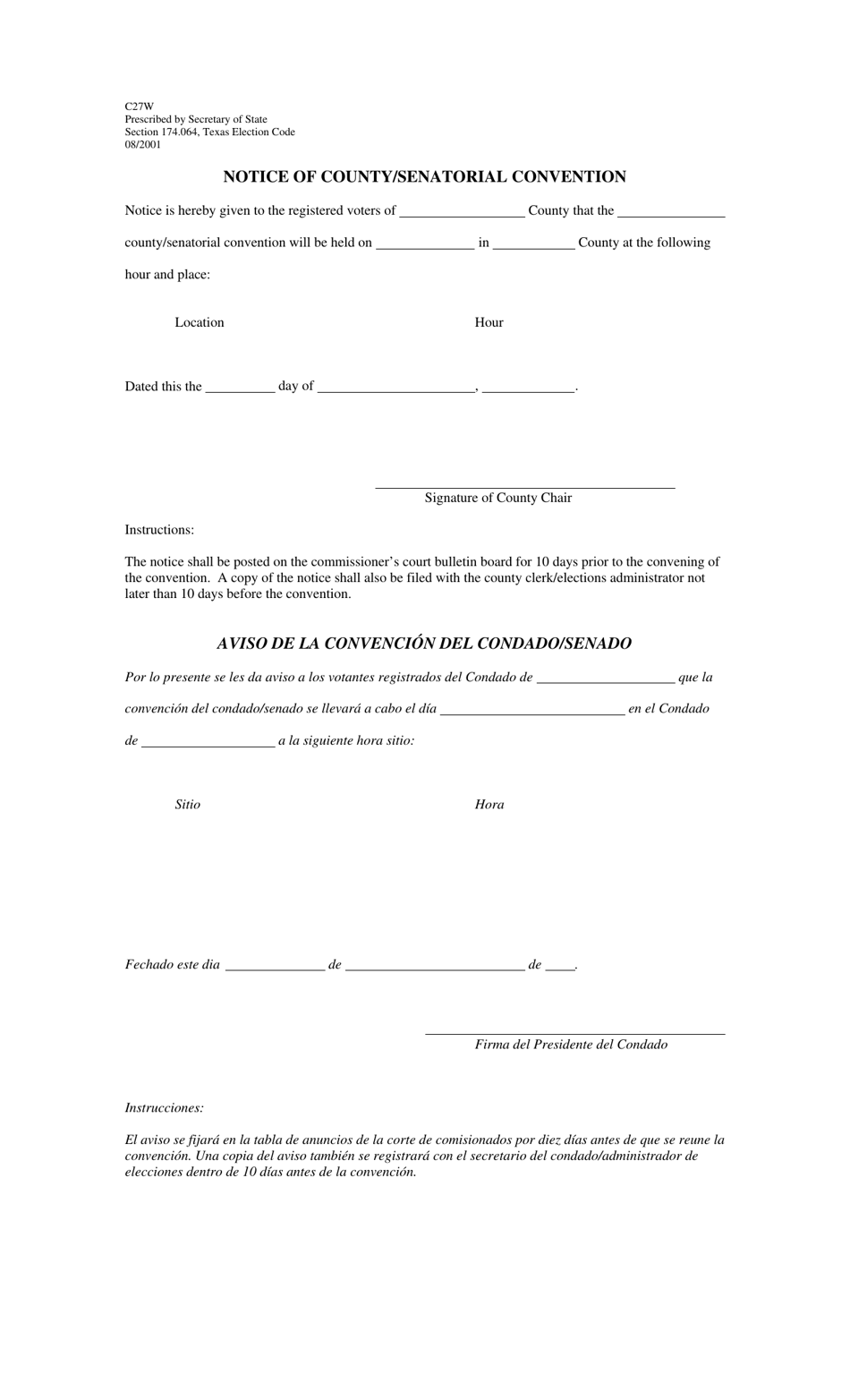 Form C27W Notice of County / Senatorial Convention - Texas (English / Spanish), Page 1