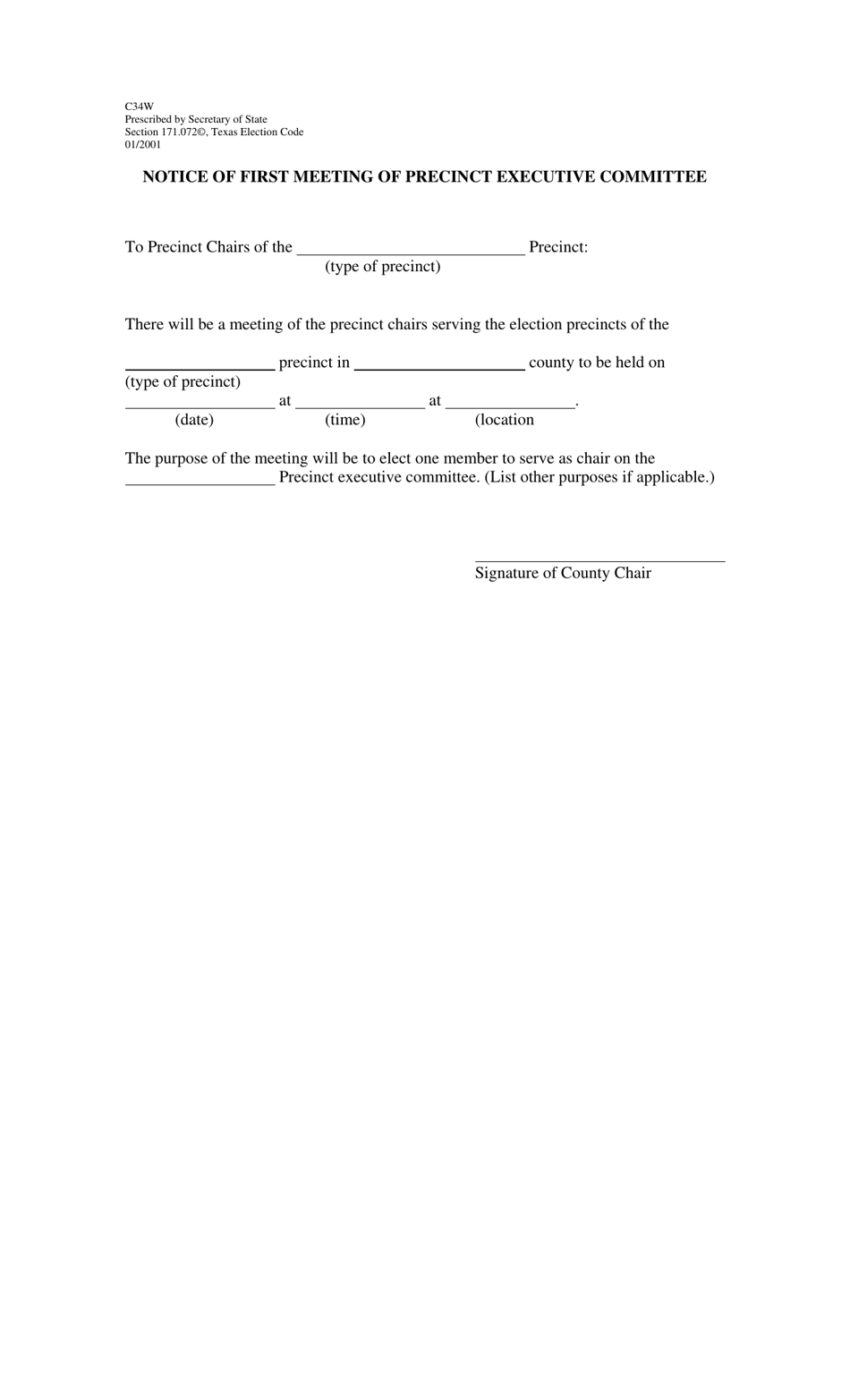 Form C34W Notice of First Meeting of Precinct Executive Committee - Texas, Page 1