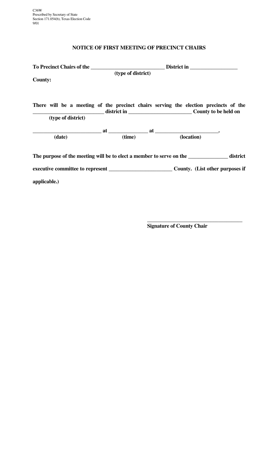 Form C36W Notice of First Meeting of Precinct Chairs - Texas, Page 1