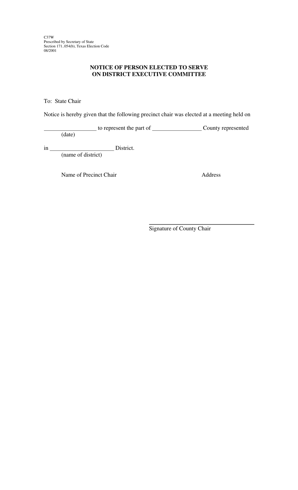 Form C37W Notice of Person Elected to Serve on District Executive Committee - Texas, Page 1