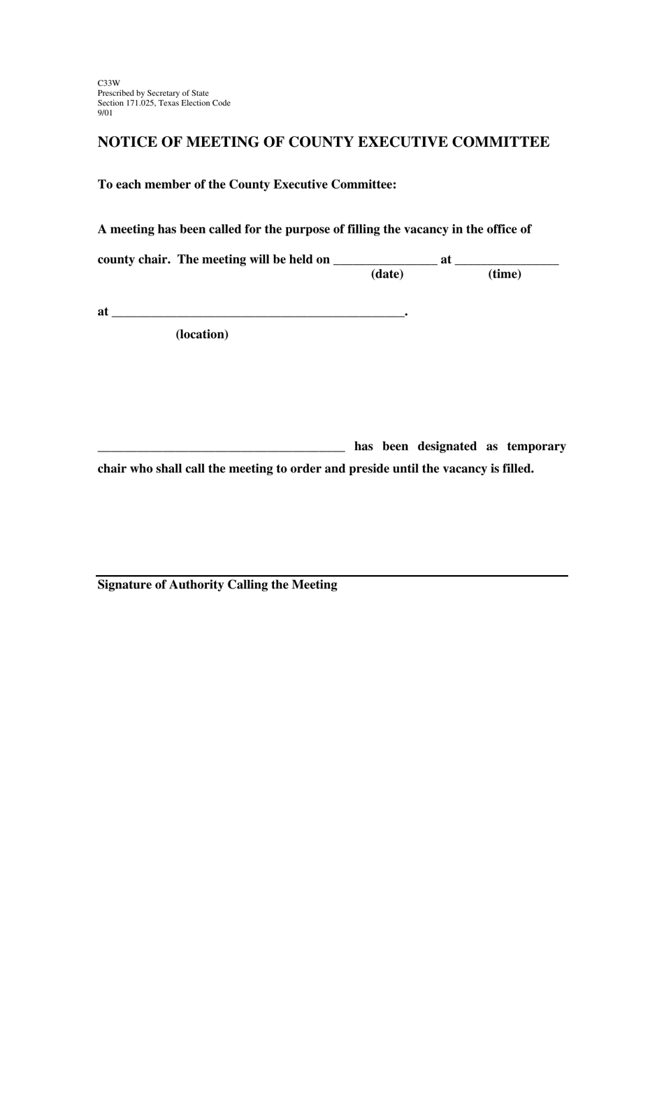 Form C33W Notice of Meeting of County Executive Committee - Texas, Page 1
