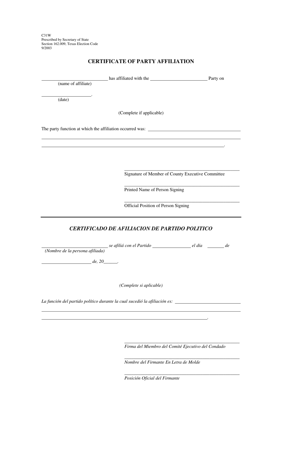 Form C31W Certificate of Party Affiliation - Texas (English / Spanish), Page 1