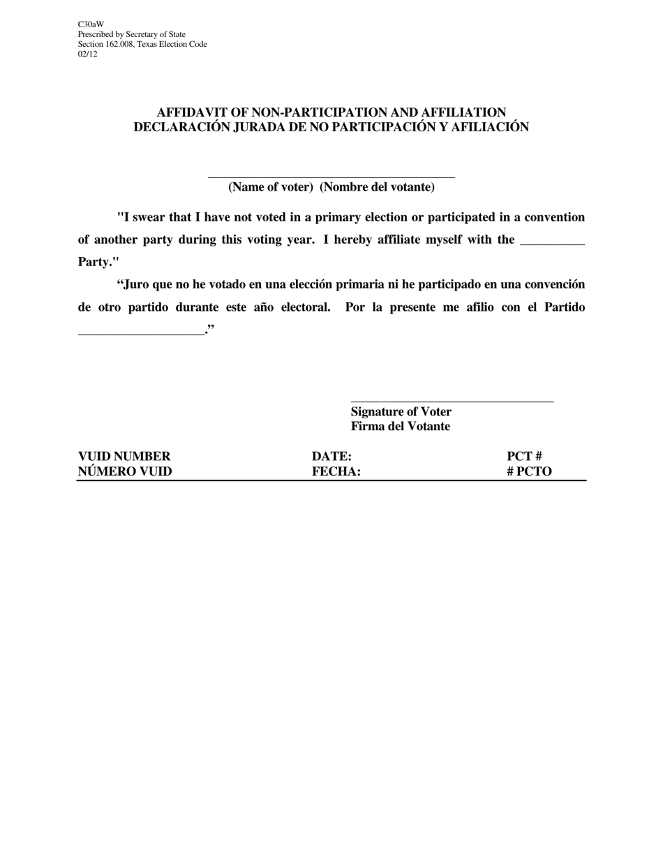 Form C30AW Affidavit of Non-participation and Affiliation - Texas (English / Spanish), Page 1