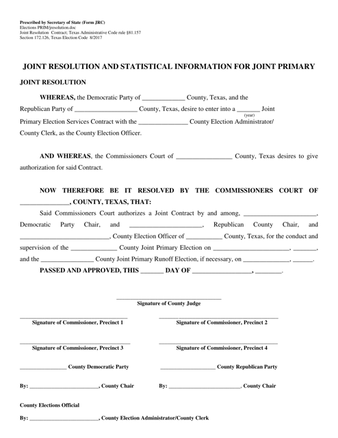 Form JRC Joint Resolution and Statistical Information for Joint Primary - Texas