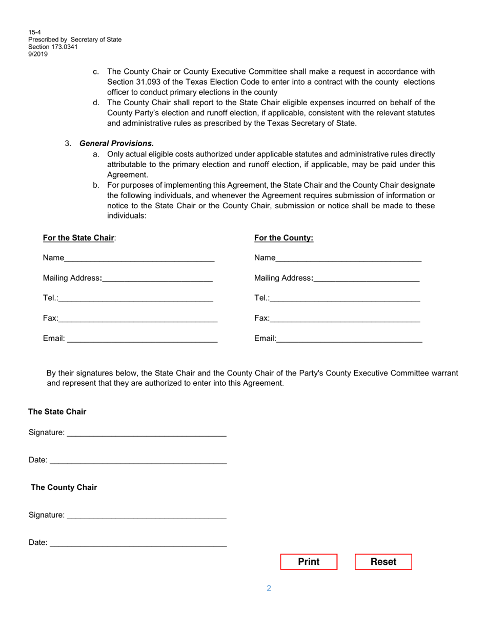Form 15-4 State Chair Fiscal Agent for County Chair - Texas, Page 2