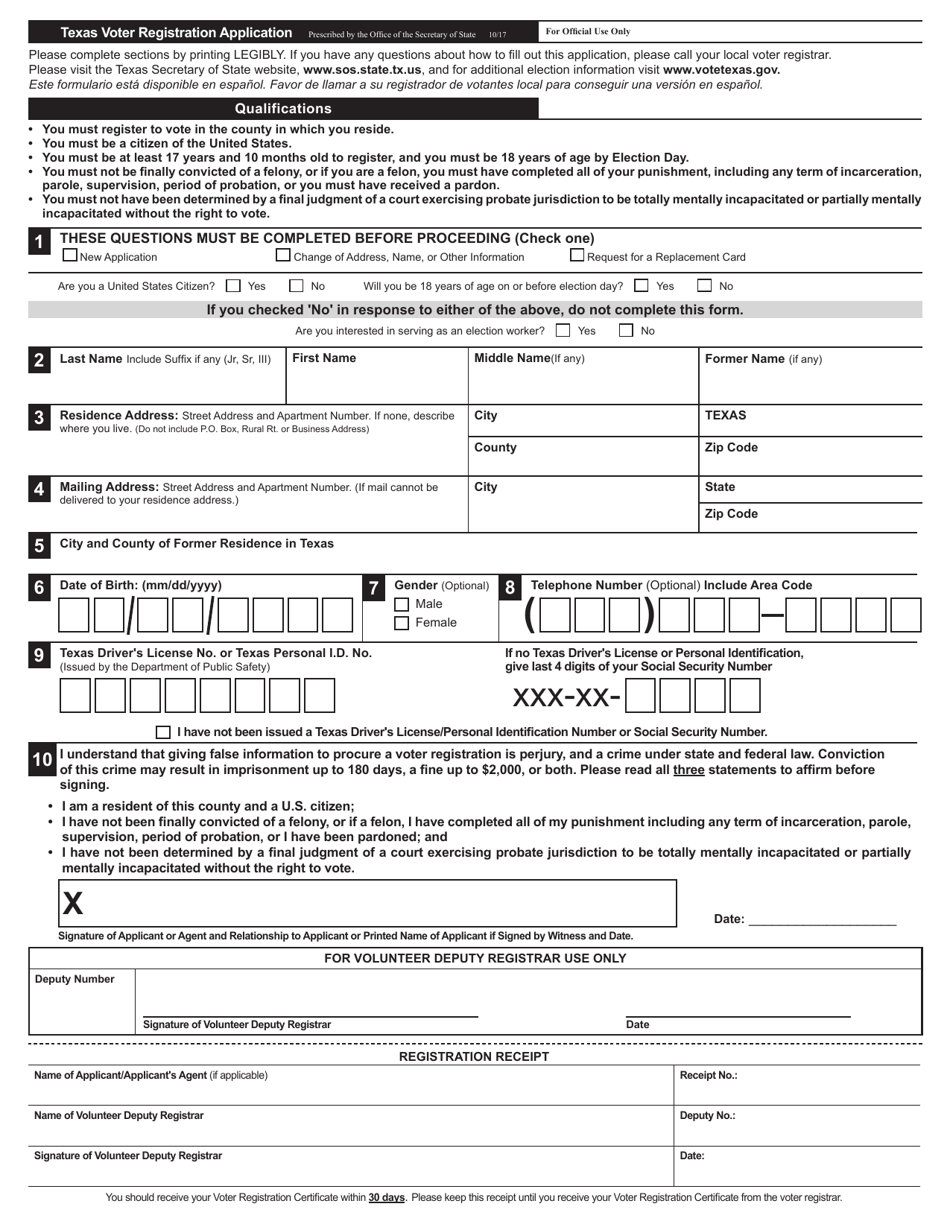 Texas Voter Registration Application - Texas, Page 1