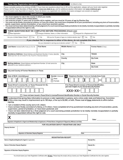 Texas Voter Registration Application - Texas