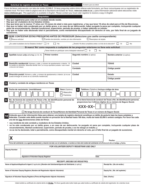 Solicitud De Registro Electoral En Texas - Texas (Spanish) Download Pdf