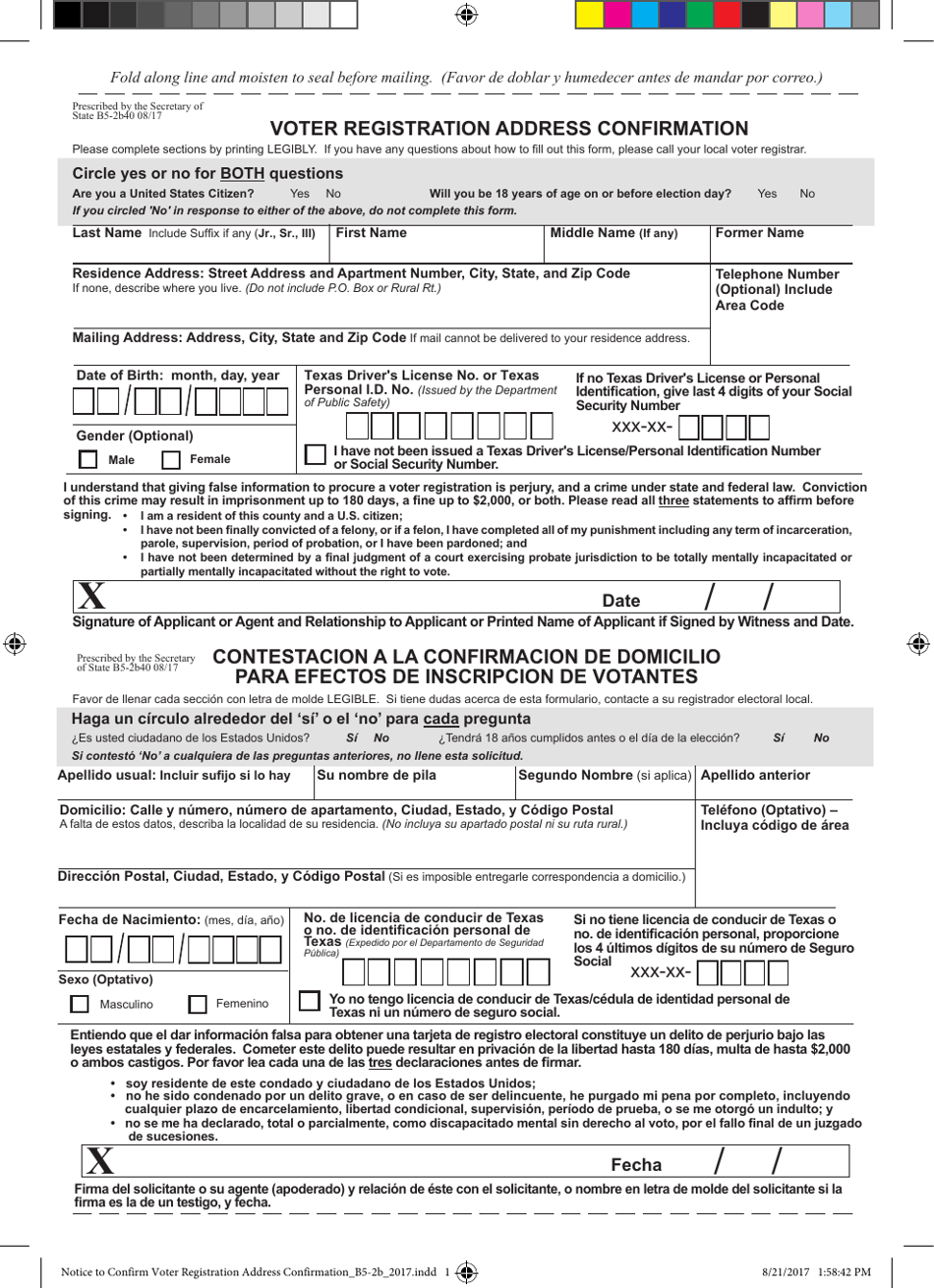 Form B5-2B Voter Registration Address Confirmation - Fold Over - Texas (English / Spanish), Page 1