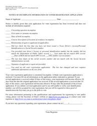 Document preview: Form BW1-3.FM Notice of Incomplete Information on Voter Registration Application - Texas (English/Spanish)