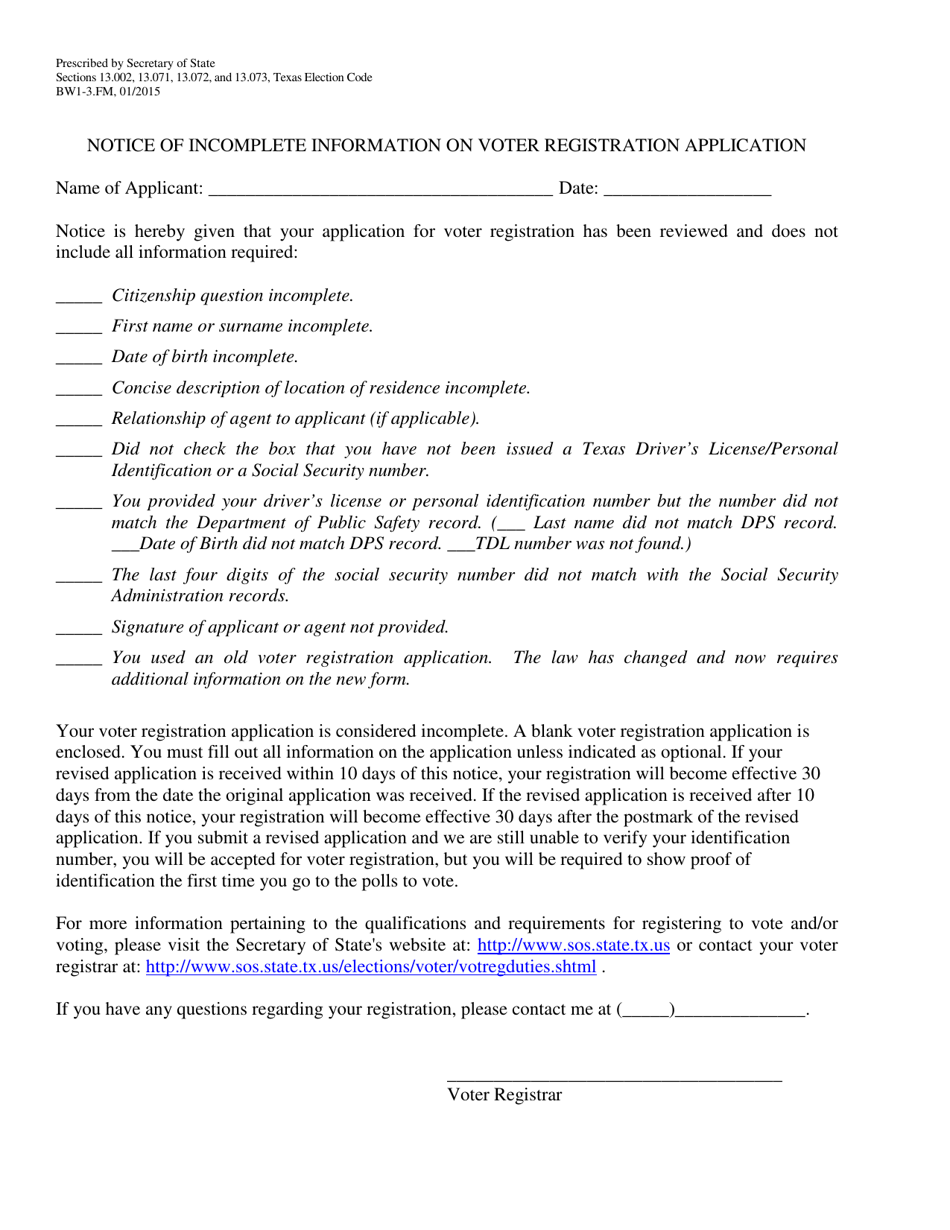 Form BW1-3.FM Notice of Incomplete Information on Voter Registration Application - Texas (English / Spanish), Page 1