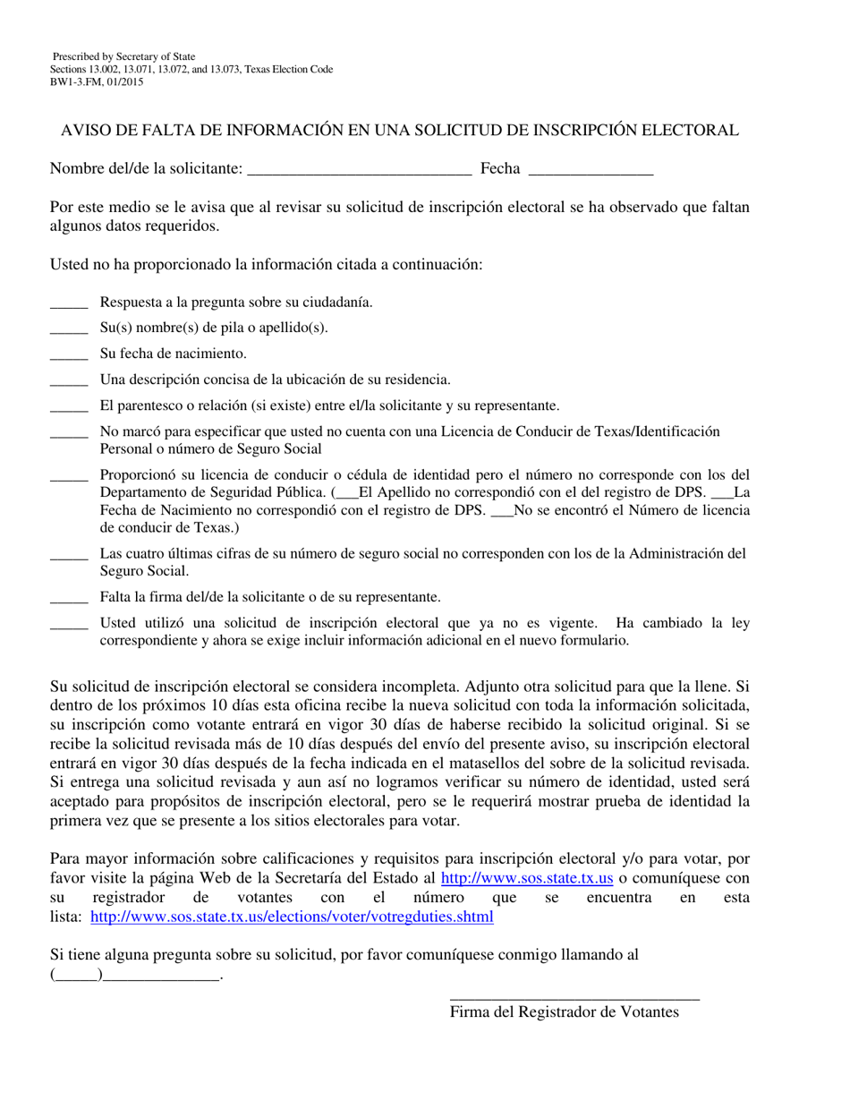 Form BW1-3.FM Notice of Incomplete Information on Voter Registration Application - Texas (English / Spanish), Page 2