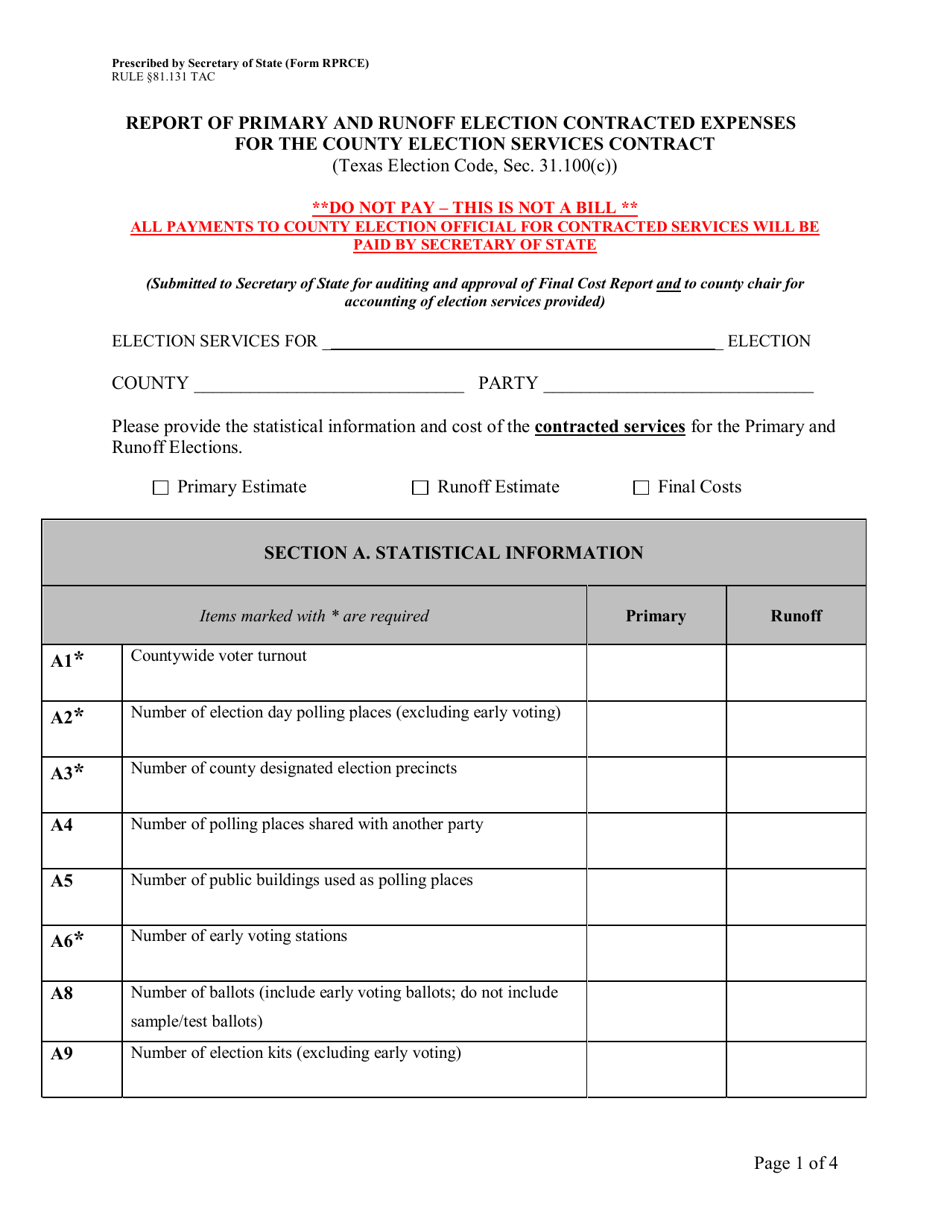 Form RPRCE Report of Primary and Runoff Election Contracted Expenses for the County Election Services Contract - Texas, Page 1