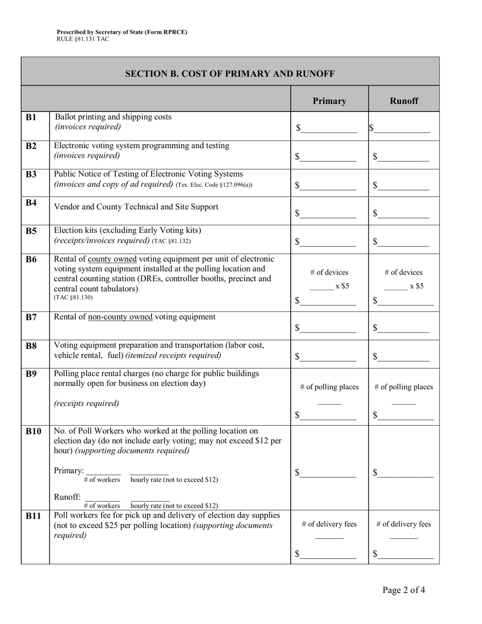 Form RPRCE Report of Primary and Runoff Election Contracted Expenses for the County Election Services Contract - Texas, Page 2