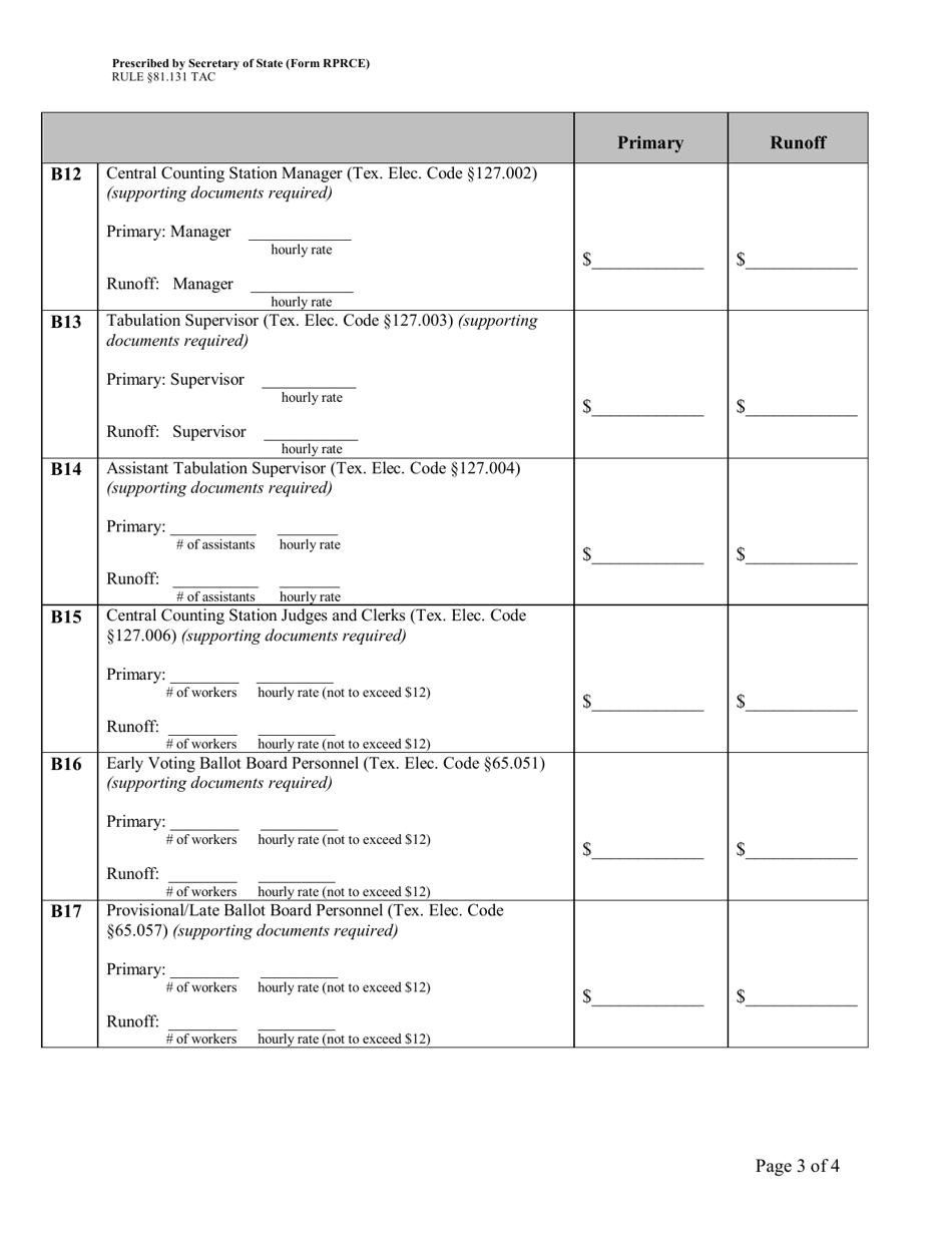 Form RPRCE Report of Primary and Runoff Election Contracted Expenses for the County Election Services Contract - Texas, Page 3