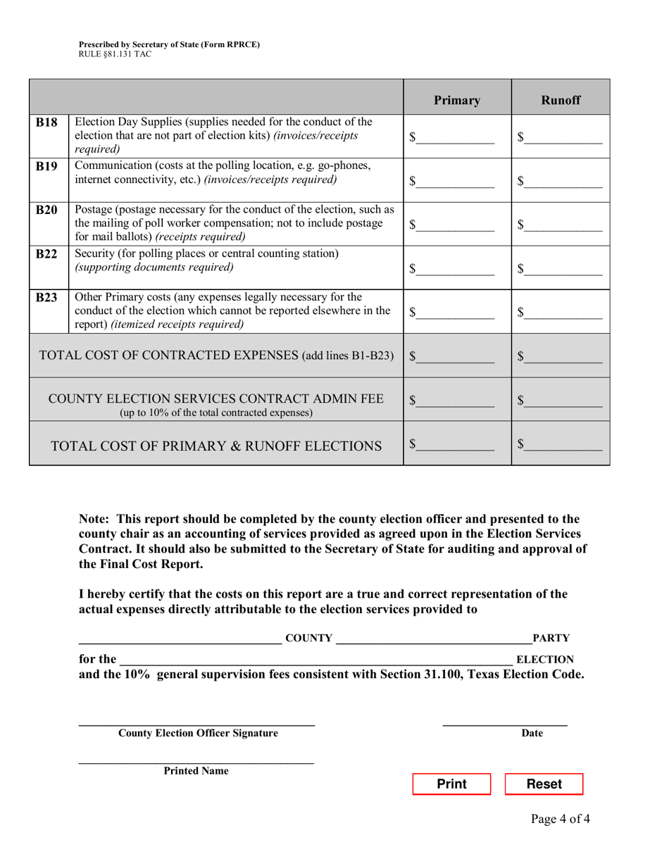 Form RPRCE Report of Primary and Runoff Election Contracted Expenses for the County Election Services Contract - Texas, Page 4