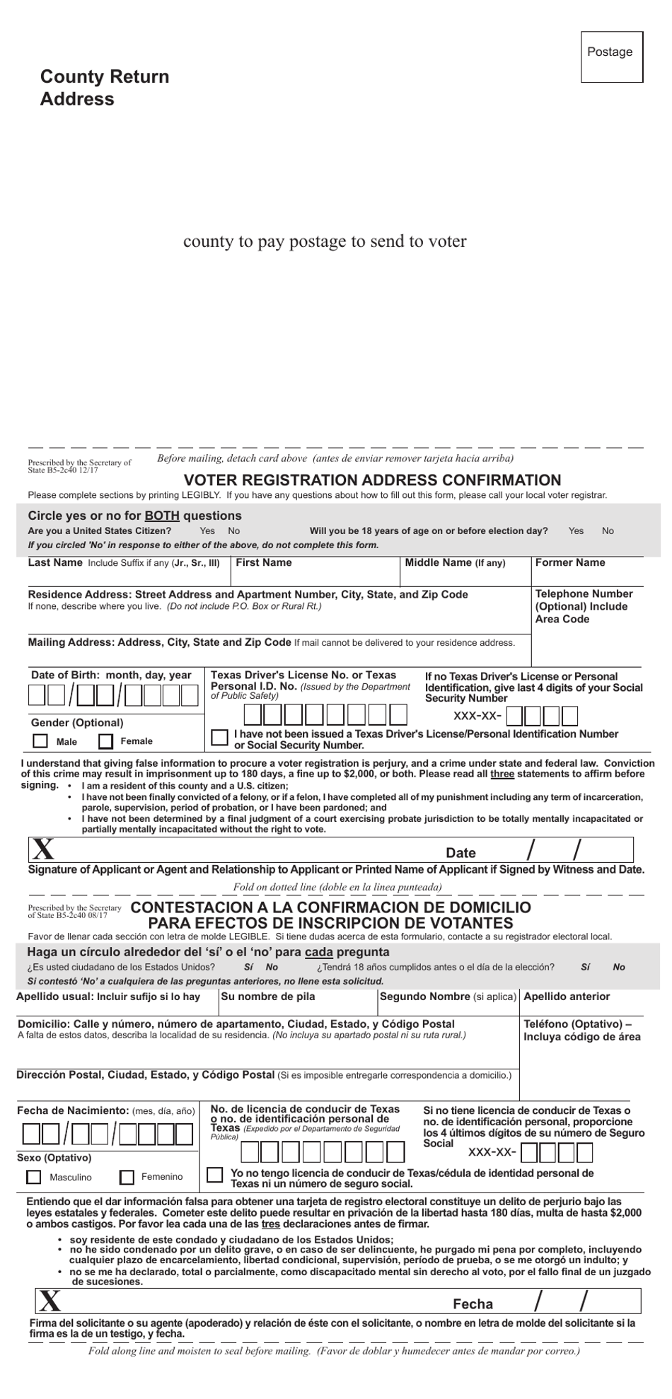 Form B5-2C Voter Registration Address Confirmation - Tri-fold - Texas (English / Spanish), Page 1