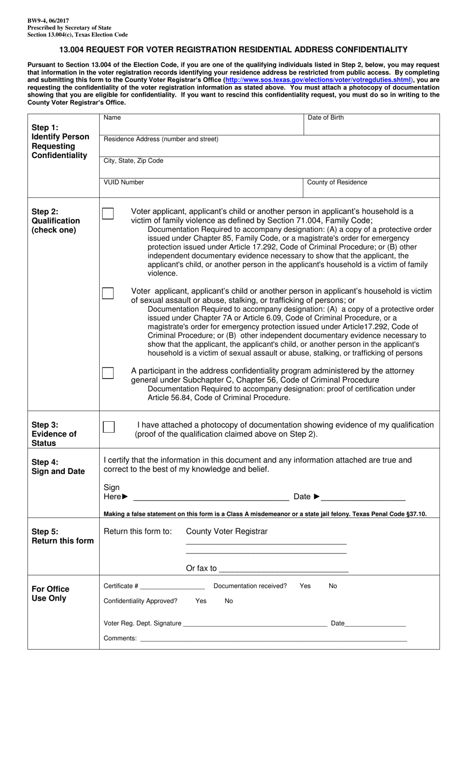 Form BW9-4 13.004 Request for Voter Registration Residential Address Confidentiality - Texas (English / Spanish), Page 1