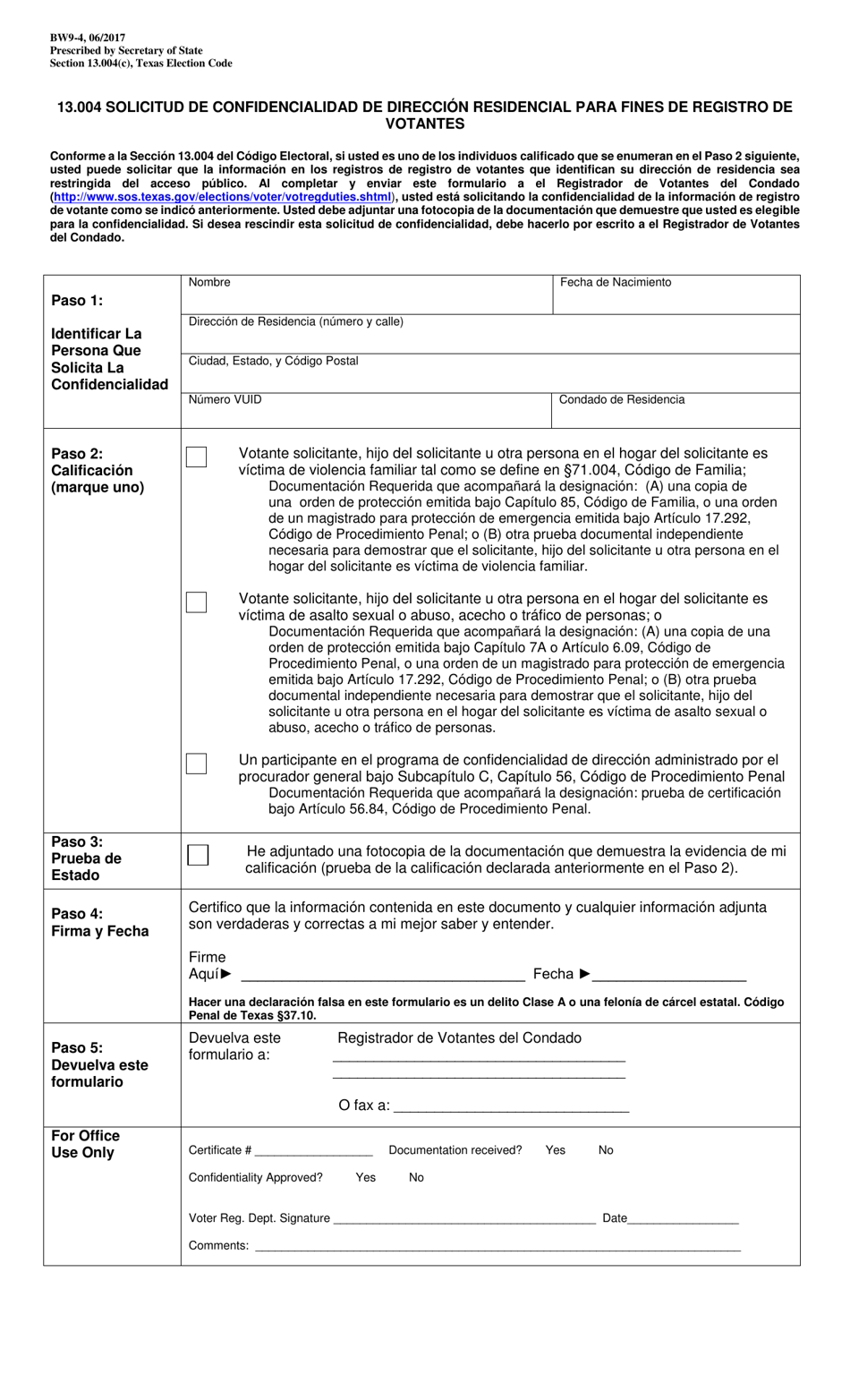 Form BW9-4 13.004 Request for Voter Registration Residential Address Confidentiality - Texas (English / Spanish), Page 2