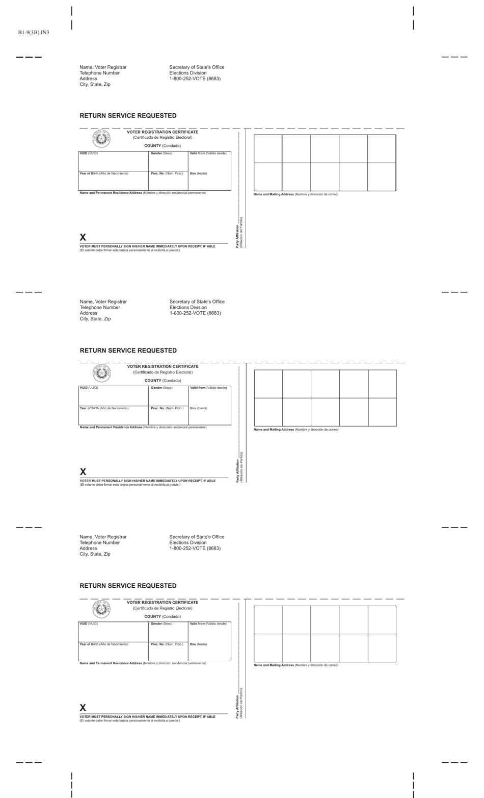 Form B1-9(3B) Voter Registration Certificate - Boxes - Texas (English / Spanish), Page 1