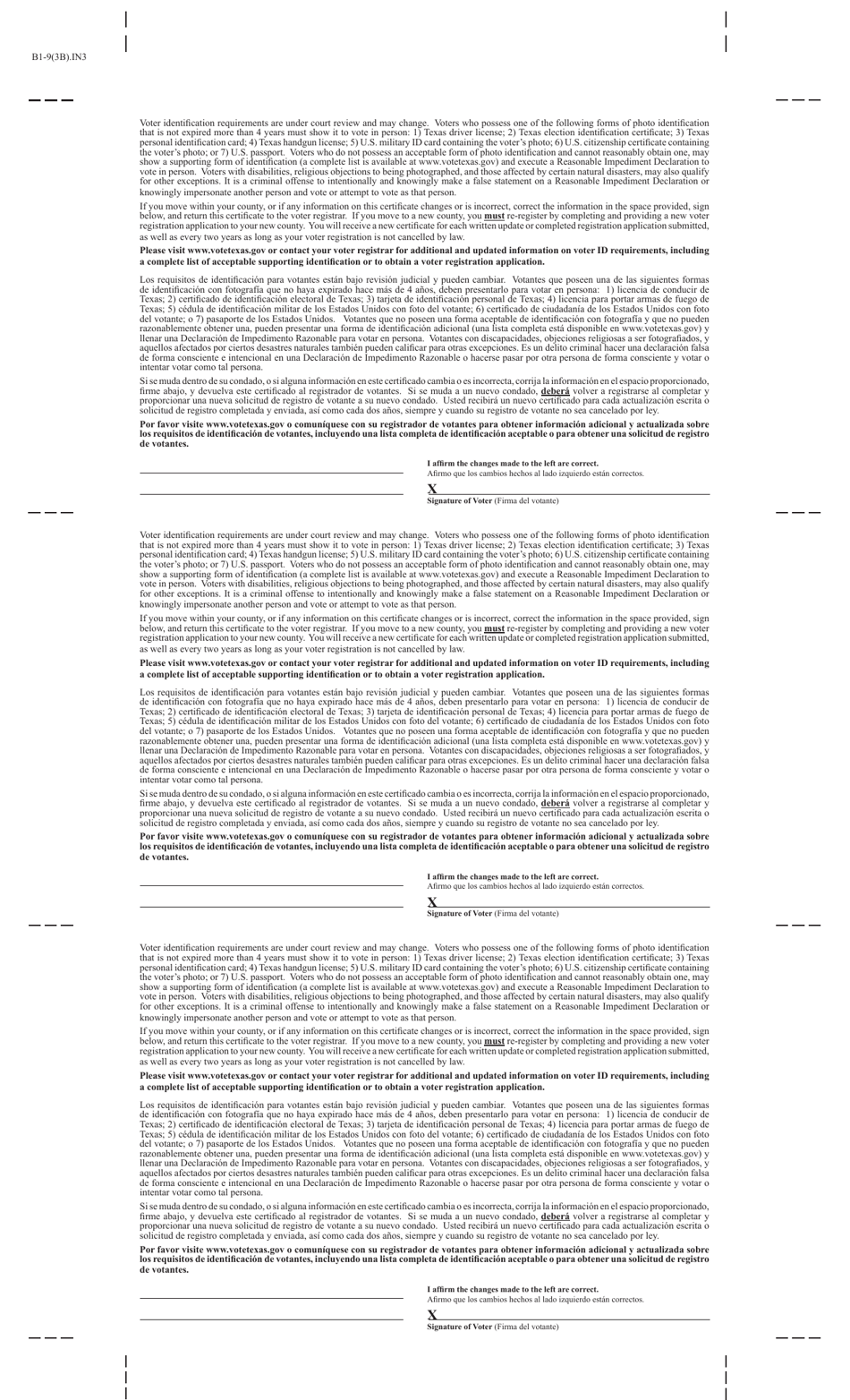 Form B1-9(3B) Voter Registration Certificate - Boxes - Texas (English / Spanish), Page 3