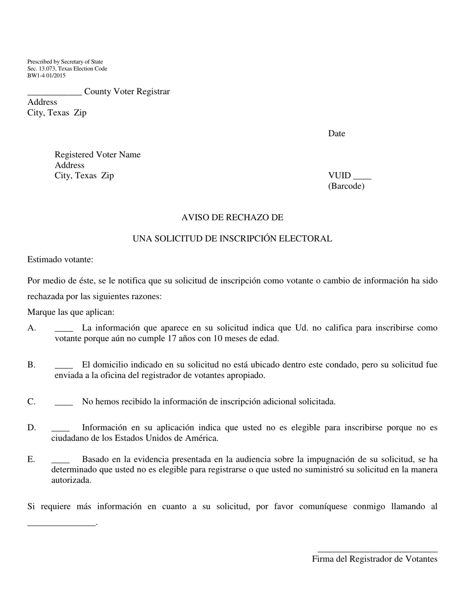 Form BW1-4 Notice of Rejection of Application for Registration / Change Form - Texas (English / Spanish), Page 2