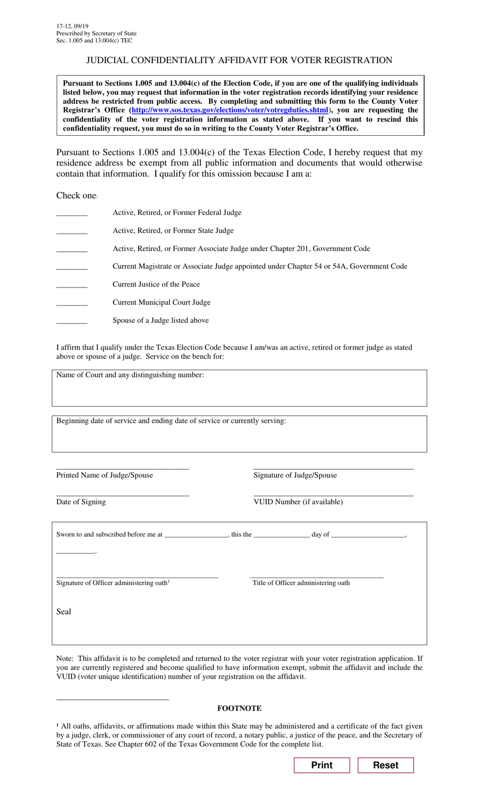 Form 17-12 (BW9-2) Judicial Confidentiality Affidavit for Voter Registration - Texas (English / Spanish), Page 1