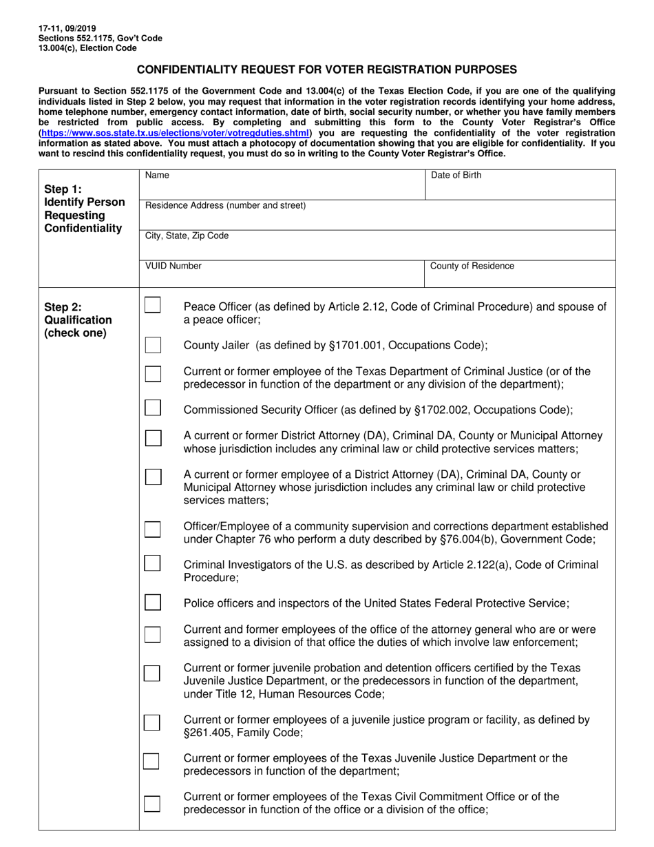 Form 17-11 (BW9-3) Confidentiality Request for Voter Registration Purposes - Texas (English / Spanish), Page 1