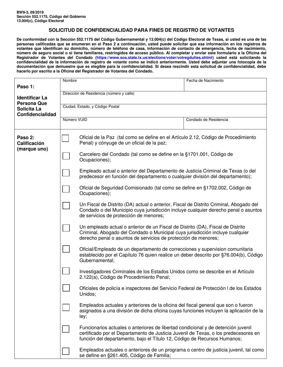 Form 17-11 (BW9-3) Confidentiality Request for Voter Registration Purposes - Texas (English / Spanish), Page 3
