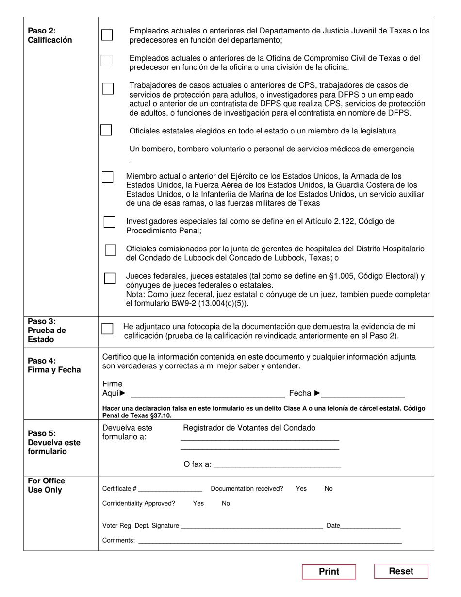 Form 17-11 (BW9-3) Confidentiality Request for Voter Registration Purposes - Texas (English / Spanish), Page 4