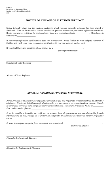 Form BW1-11 Notice of Change of Election Precinct - Texas (English/Spanish)