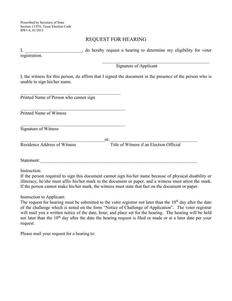 Form BW1-6 Request for Hearing - Texas (English / Spanish), Page 1