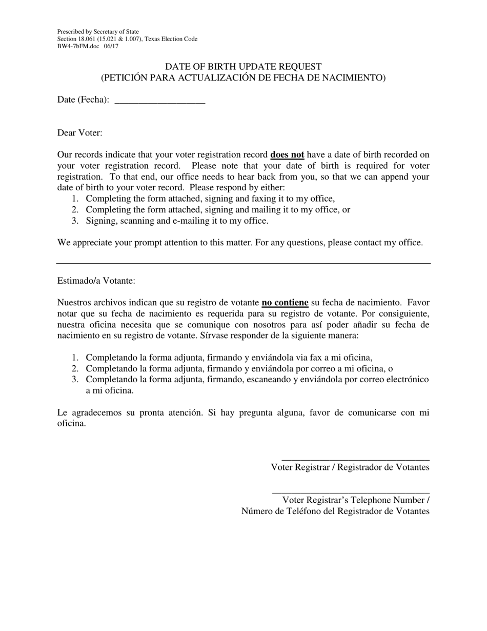Form BW4-7BFM Date of Birth Update Request - Texas (English / Spanish), Page 1