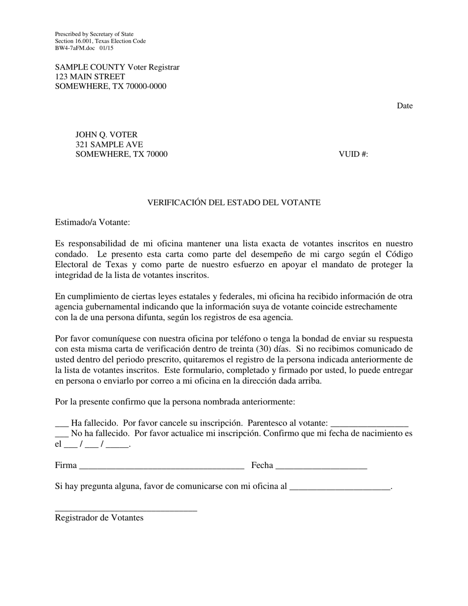 Form BW4-7AFM Verification of Voter Status - Texas (English / Spanish), Page 2
