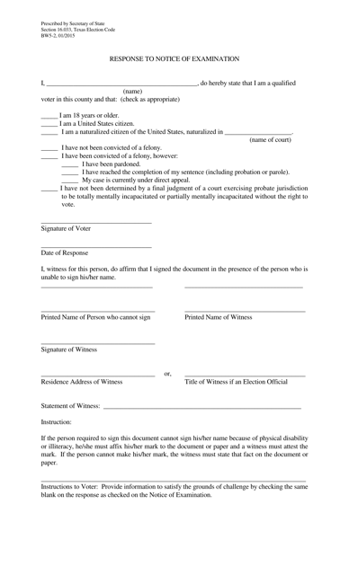 Form BW5-2 Response to Notice of Examination - Texas (English/Spanish)