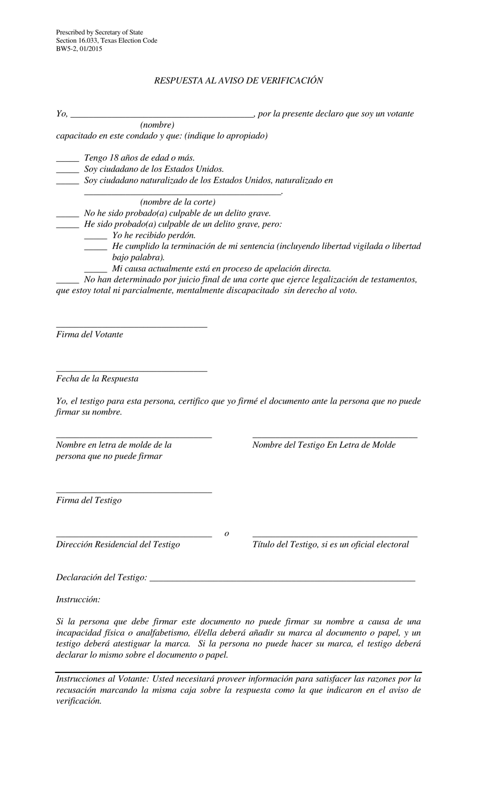 Form BW5-2 Response to Notice of Examination - Texas (English / Spanish), Page 2