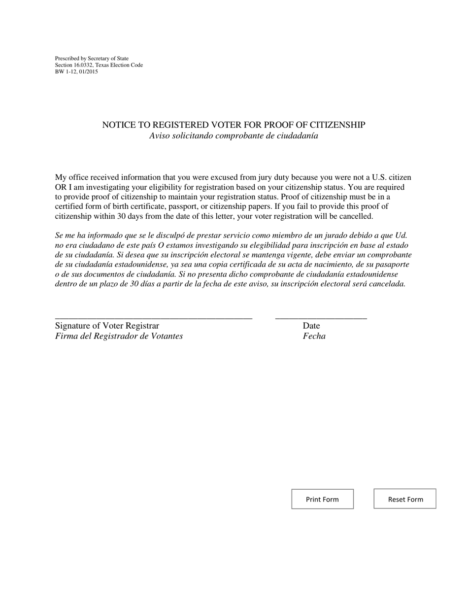 Form BW1-12 Notice to Registered Voter for Proof of Citizenship - Texas (English / Spanish), Page 1