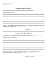 Document preview: Form BW5-4 Notice of Reinstatement - Texas (English/Spanish)