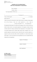 Document preview: Form BW2-2 Certificate of Appointment for Volunteer Deputy Registrar - Texas (English/Spanish)