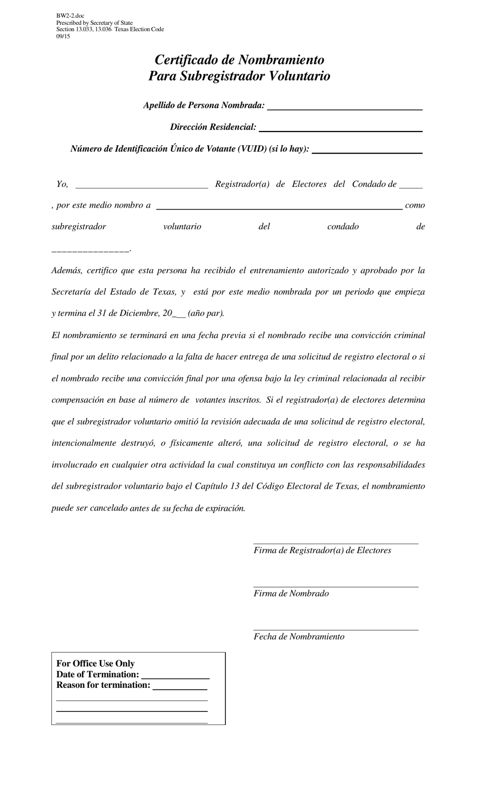 Form BW2-2 Certificate of Appointment for Volunteer Deputy Registrar - Texas (English / Spanish), Page 2