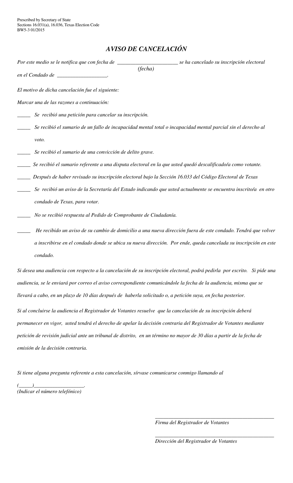 Form BW5-3 Notice of Cancellation - Texas (English / Spanish), Page 2