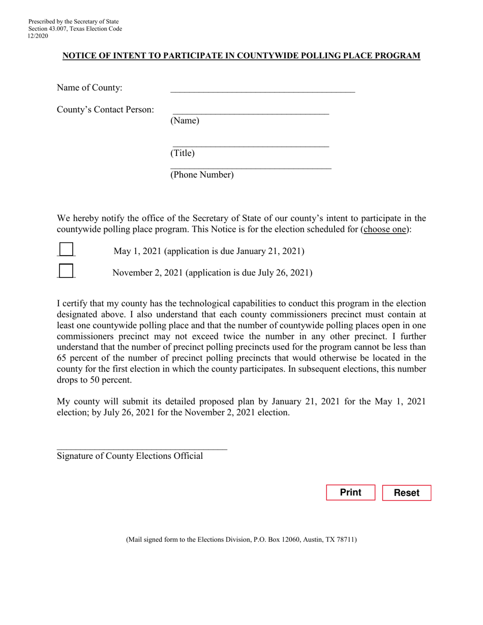 Notice of Intent to Participate in Countywide Polling Place Program - Texas, Page 1