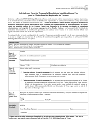 Document preview: Formulario 13-7 Solicitud Para Exencion Temporal Al Requisito De Identificacion Con Foto Para La Oficina Local Del Registrador De Votantes - Texas (Spanish)