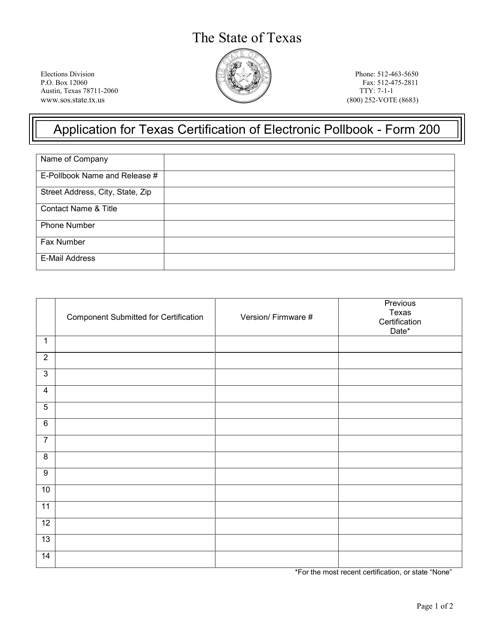 Form 200 Application for Texas Certification of Electronic Pollbook - Texas