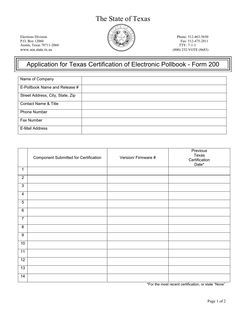 Form 200 Application for Texas Certification of Electronic Pollbook - Texas, Page 1