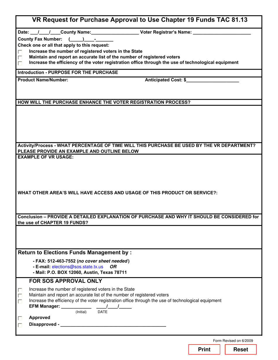 Texas Vr Request for Purchase Approval to Use Chapter 19 Funds Tac 81. ...