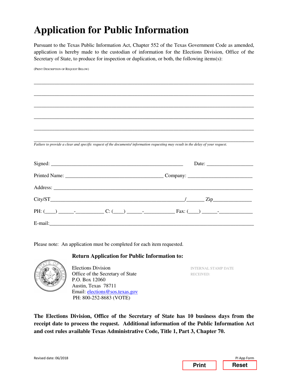 Application for Public Information - Texas, Page 1