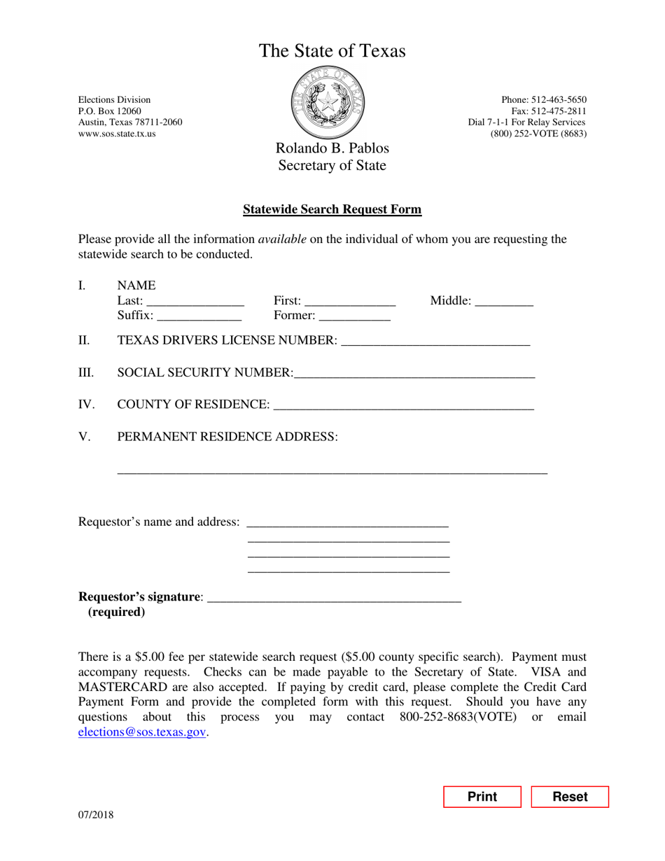 Statewide Registered Voter Search Request Form - Texas, Page 1