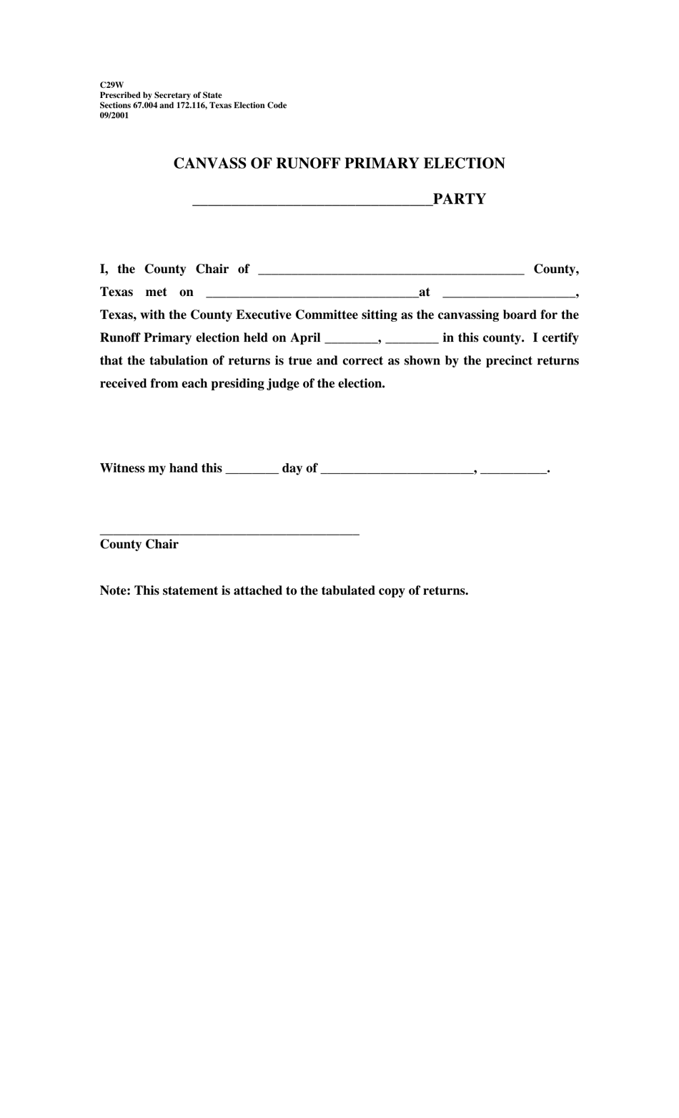 Form C29W Canvass of Runoff Primary Election - Texas, Page 1