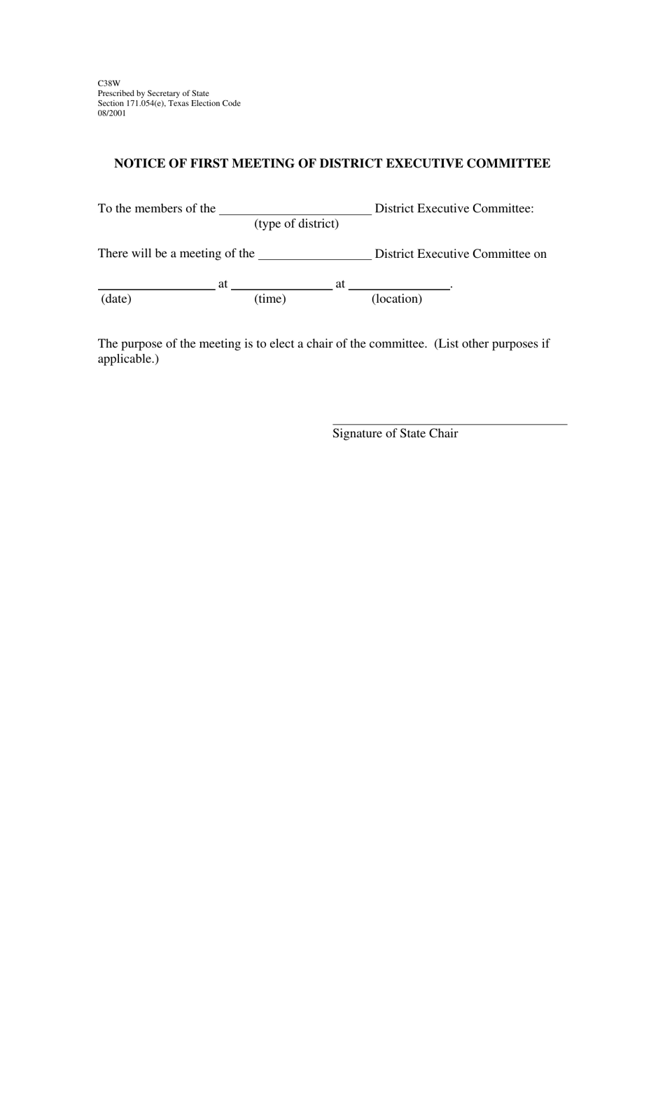 Form C38W Notice of First Meeting of District Executive Committee - Texas, Page 1